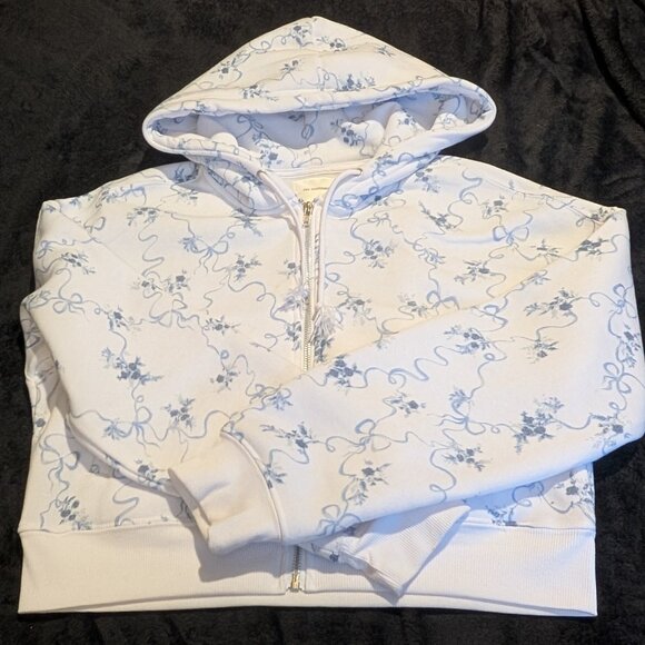 no comment Juniors White Cropped Bows and Bouquets Zip Up Hoodie Jacket L - Picture 1 of 10